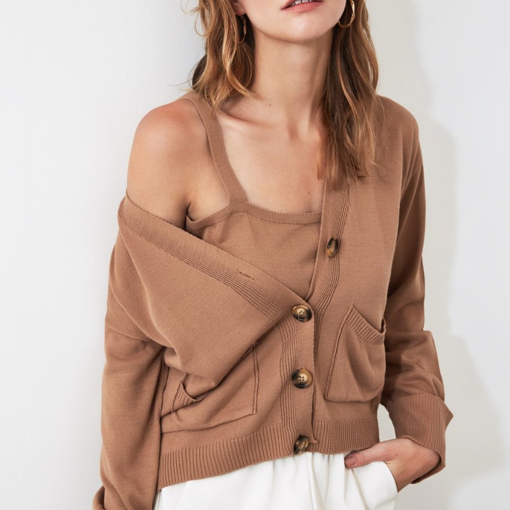 Brown Knitwear 2 Piece Cardigan Tank Top